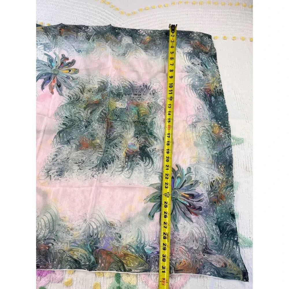 Vintage 100% Silk Scarf Hand Rolled Made in Japan Pink Green Marbled Print 31x31